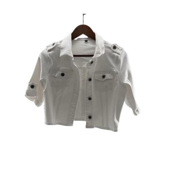 White Denim Short Sleeve Buttoned Chest Pockets Epaulettes - Picture 1 of 11